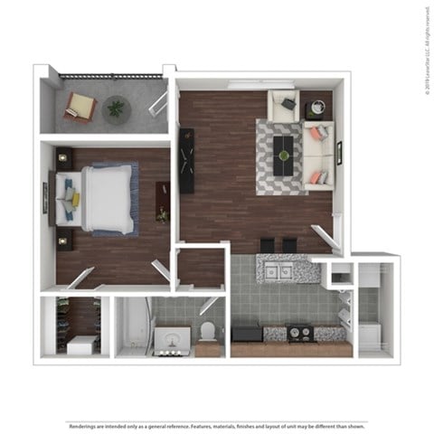Floor plan for 1 bed, 1 bath, 608 sqft